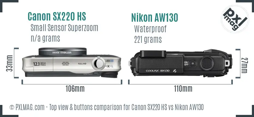 Canon SX220 HS vs Nikon AW130 top view buttons comparison