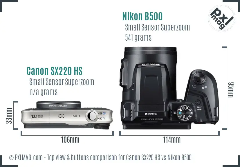 Canon SX220 HS vs Nikon B500 top view buttons comparison