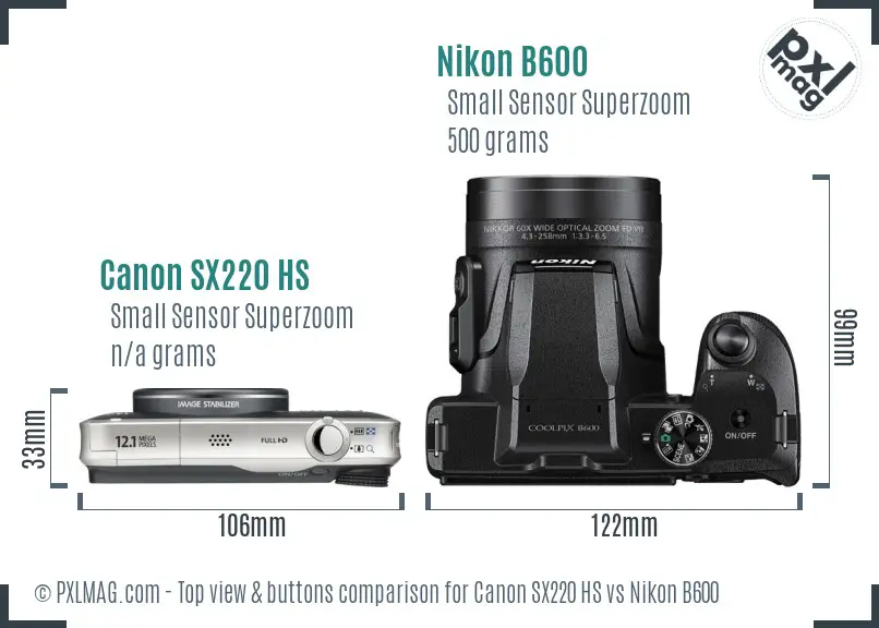 Canon SX220 HS vs Nikon B600 top view buttons comparison