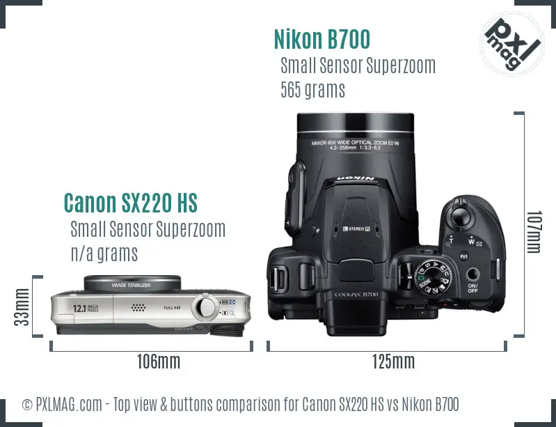 Canon SX220 HS vs Nikon B700 top view buttons comparison