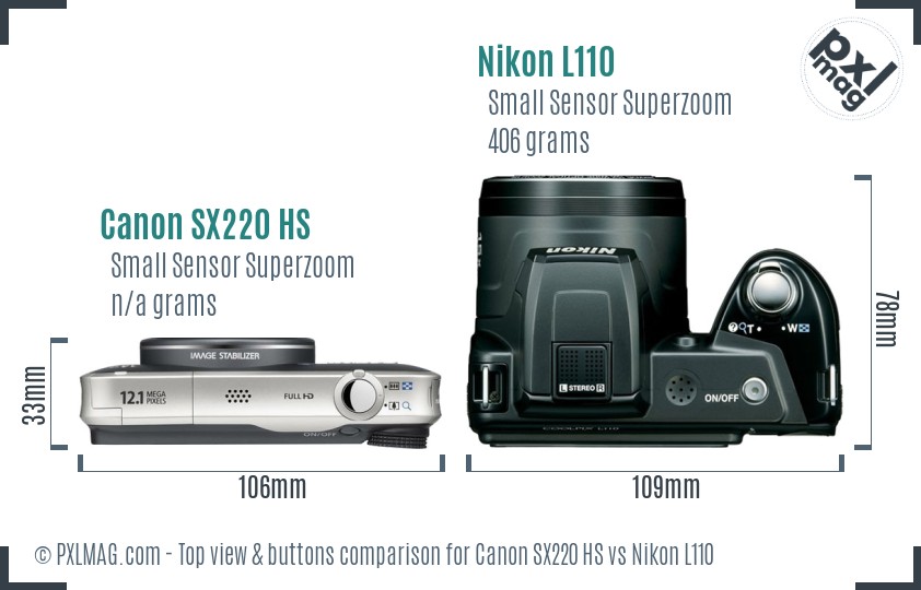 Canon SX220 HS vs Nikon L110 top view buttons comparison