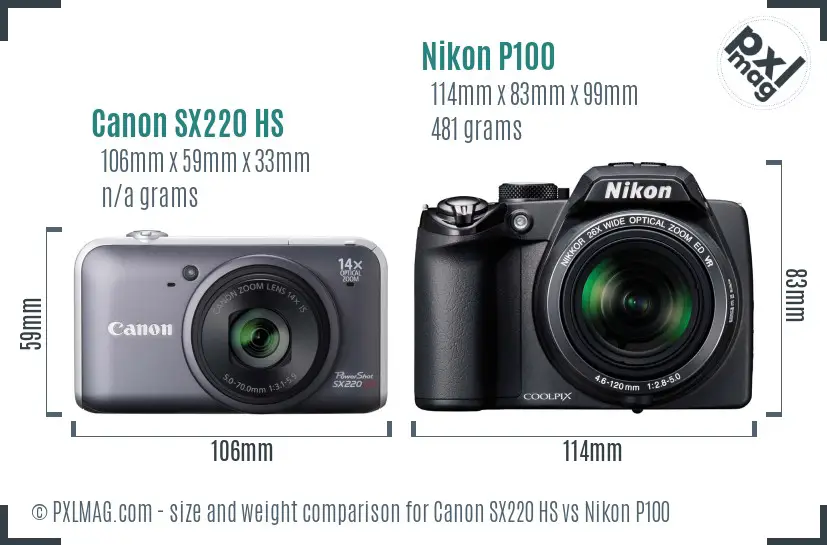 Canon SX220 HS vs Nikon P100 size comparison