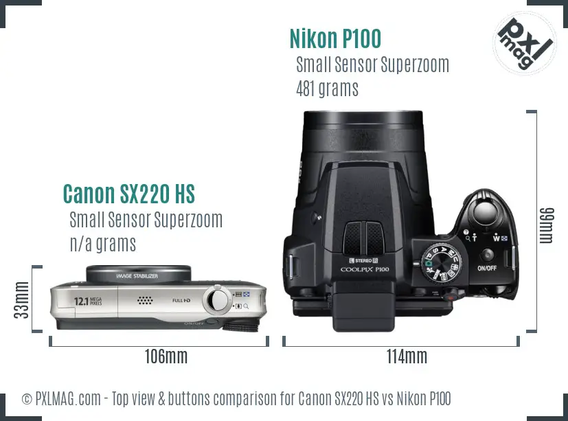 Canon SX220 HS vs Nikon P100 top view buttons comparison