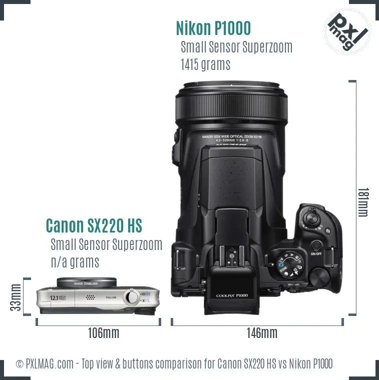 Canon SX220 HS vs Nikon P1000 top view buttons comparison