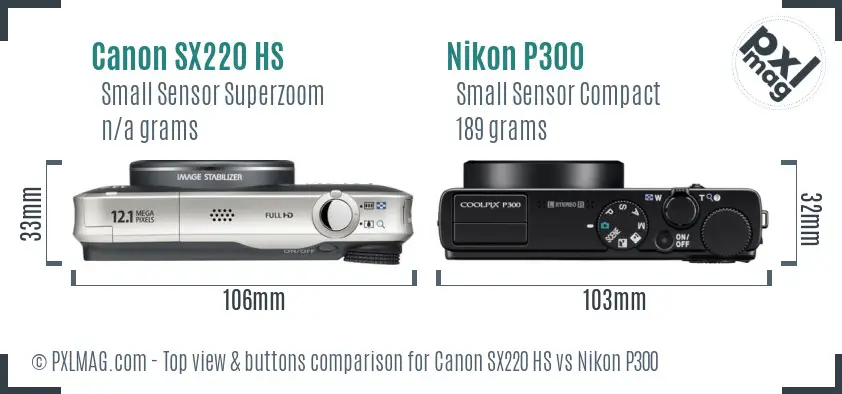 Canon SX220 HS vs Nikon P300 top view buttons comparison
