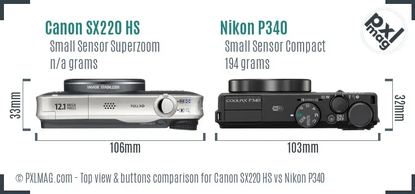 Canon SX220 HS vs Nikon P340 top view buttons comparison