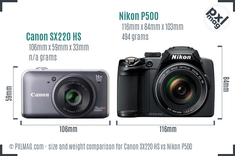 Canon SX220 HS vs Nikon P500 size comparison
