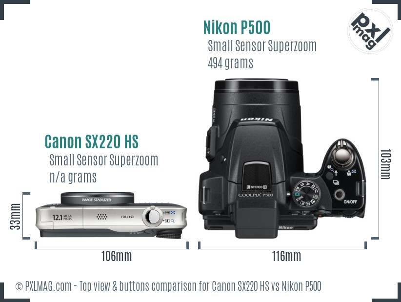 Canon SX220 HS vs Nikon P500 top view buttons comparison