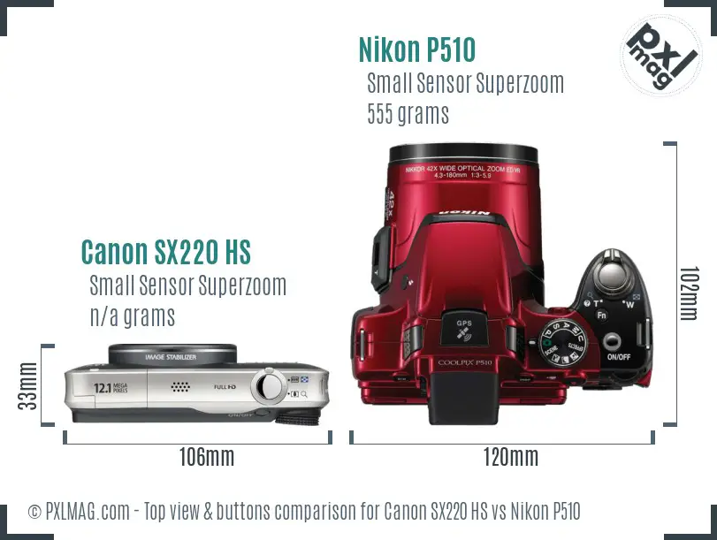Canon SX220 HS vs Nikon P510 top view buttons comparison