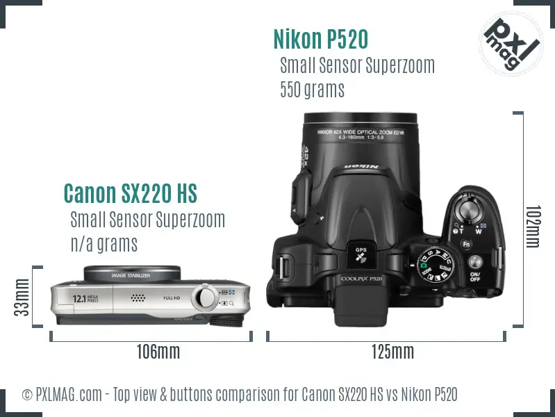 Canon SX220 HS vs Nikon P520 top view buttons comparison Canon SX220 HS vs Nikon P520 top view buttons comparison