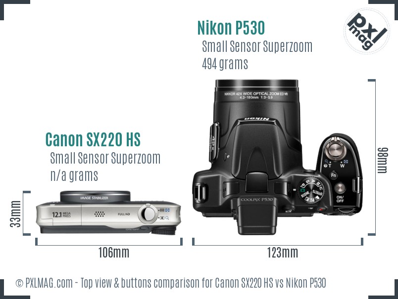 Canon SX220 HS vs Nikon P530 top view buttons comparison