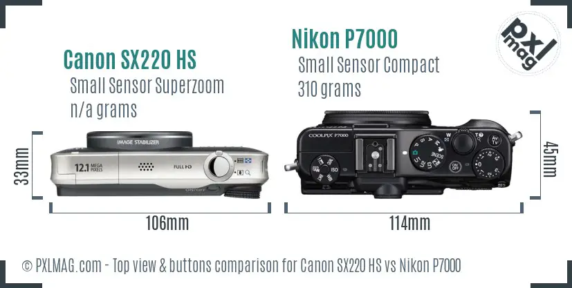 Canon SX220 HS vs Nikon P7000 top view buttons comparison Canon SX220 HS vs Nikon P7000 top view buttons comparison