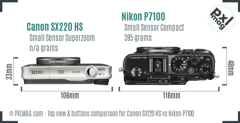 Canon SX220 HS vs Nikon P7100 top view buttons comparison