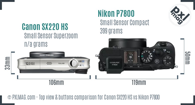 Canon SX220 HS vs Nikon P7800 top view buttons comparison