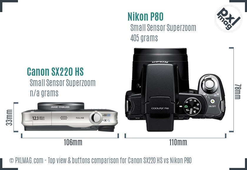 Canon SX220 HS vs Nikon P80 top view buttons comparison