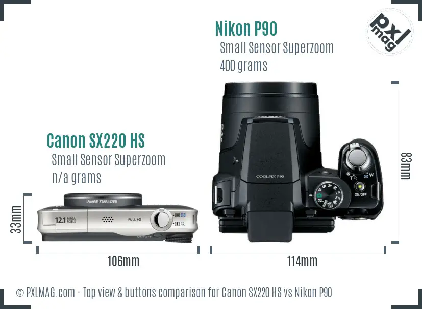 Canon SX220 HS vs Nikon P90 top view buttons comparison Canon SX220 HS vs Nikon P90 top view buttons comparison