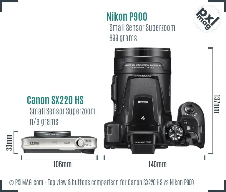 Canon SX220 HS vs Nikon P900 top view buttons comparison
