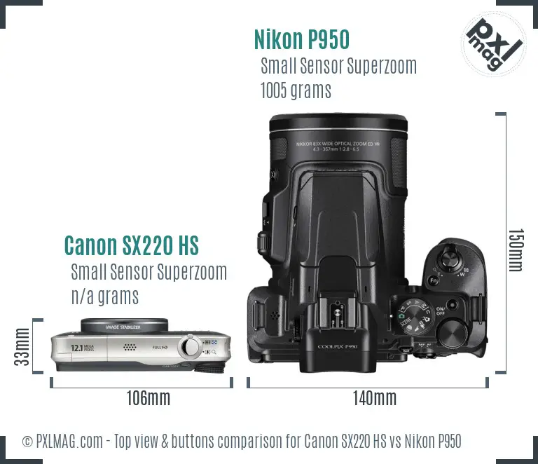 Canon SX220 HS vs Nikon P950 top view buttons comparison