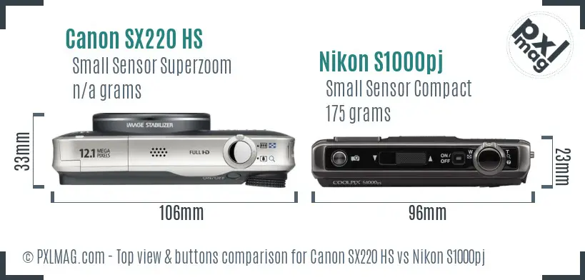 Canon SX220 HS vs Nikon S1000pj top view buttons comparison
