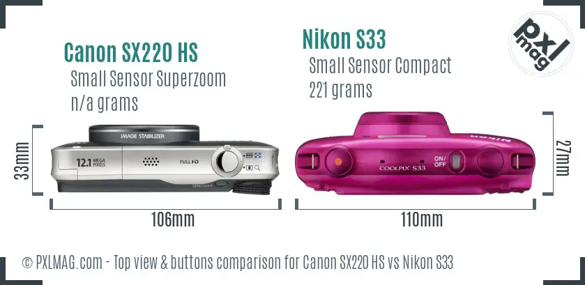 Canon SX220 HS vs Nikon S33 top view buttons comparison