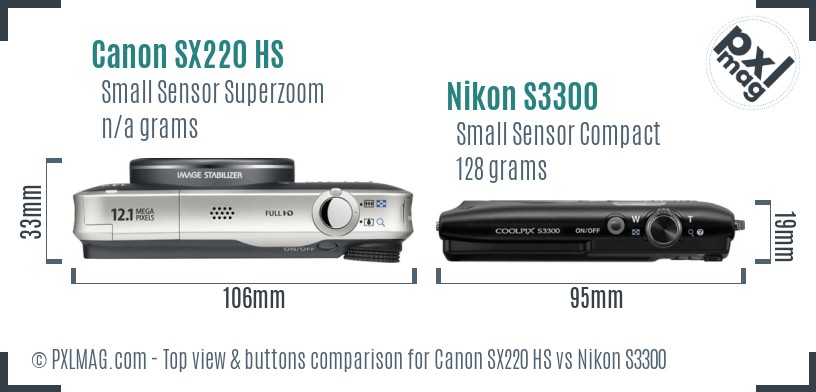 Canon SX220 HS vs Nikon S3300 top view buttons comparison
