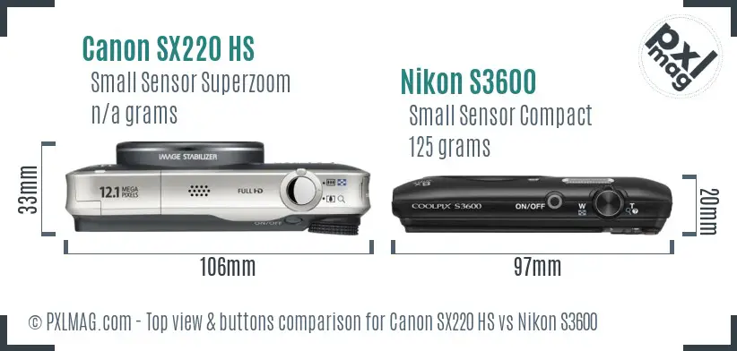 Canon SX220 HS vs Nikon S3600 top view buttons comparison