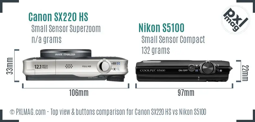 Canon SX220 HS vs Nikon S5100 top view buttons comparison