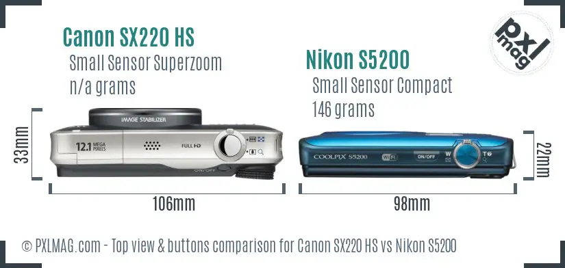 Canon SX220 HS vs Nikon S5200 top view buttons comparison