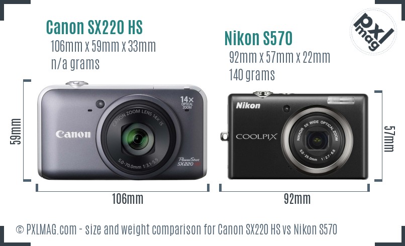 Canon SX220 HS vs Nikon S570 size comparison