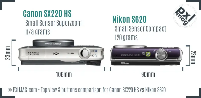 Canon SX220 HS vs Nikon S620 top view buttons comparison