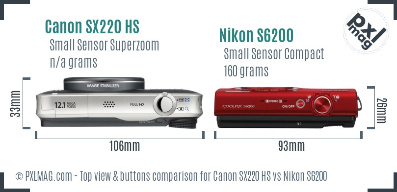 Canon SX220 HS vs Nikon S6200 top view buttons comparison