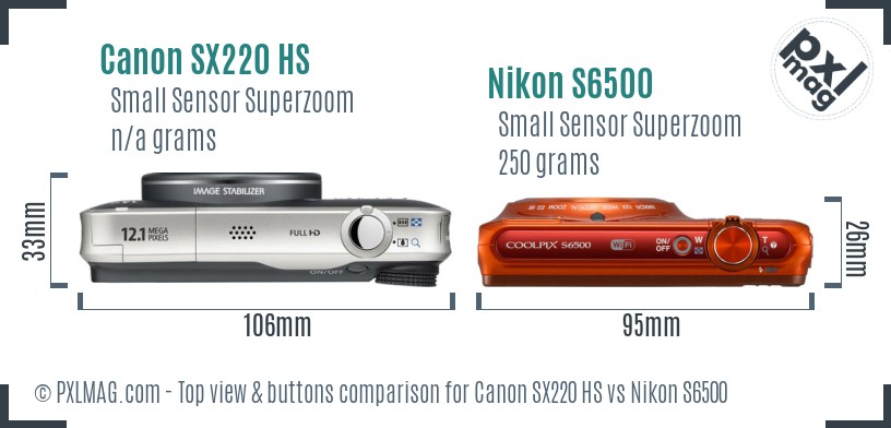 Canon SX220 HS vs Nikon S6500 top view buttons comparison