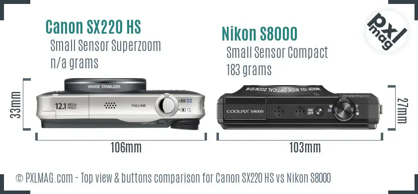 Canon SX220 HS vs Nikon S8000 top view buttons comparison Canon SX220 HS vs Nikon S8000 top view buttons comparison