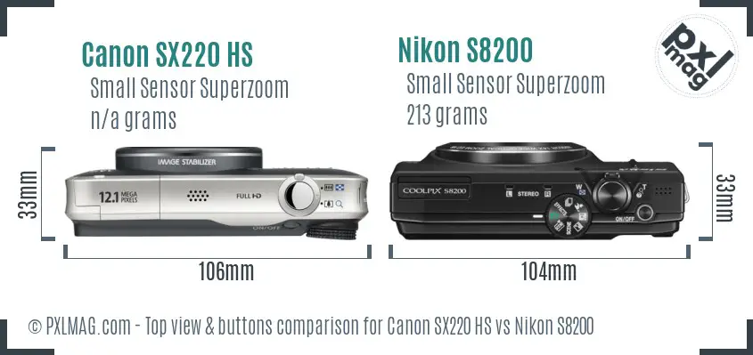 Canon SX220 HS vs Nikon S8200 top view buttons comparison