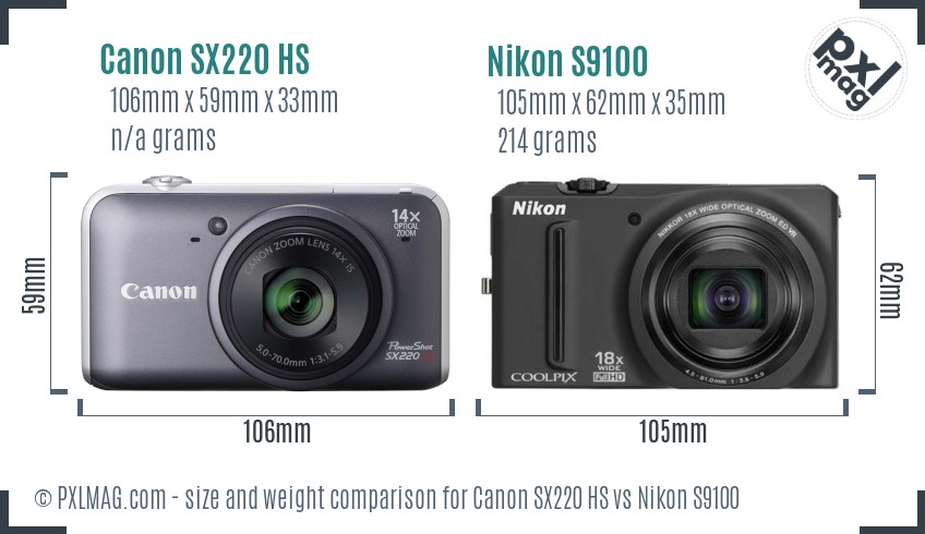 Canon SX220 HS vs Nikon S9100 size comparison