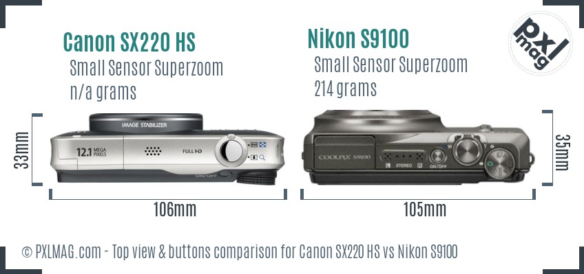 Canon SX220 HS vs Nikon S9100 top view buttons comparison