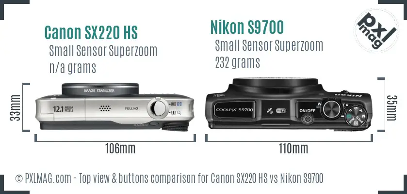 Canon SX220 HS vs Nikon S9700 top view buttons comparison