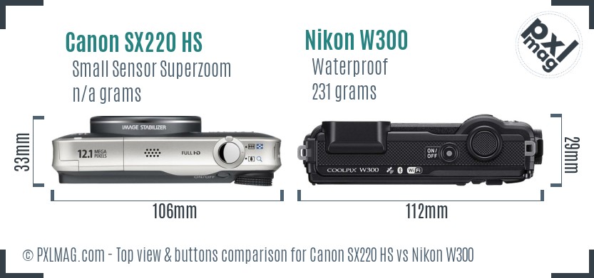 Canon SX220 HS vs Nikon W300 top view buttons comparison