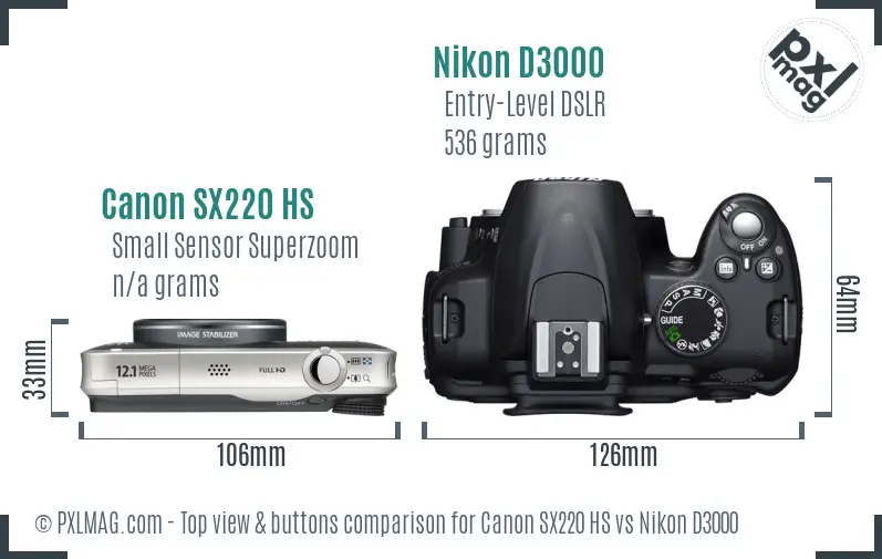 Canon SX220 HS vs Nikon D3000 top view buttons comparison