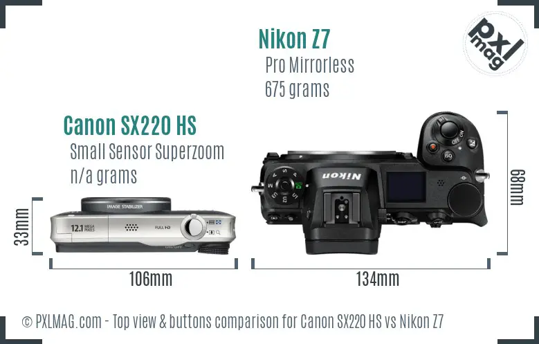 Canon SX220 HS vs Nikon Z7 top view buttons comparison