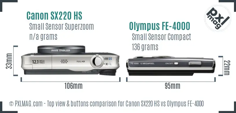 Canon SX220 HS vs Olympus FE-4000 top view buttons comparison