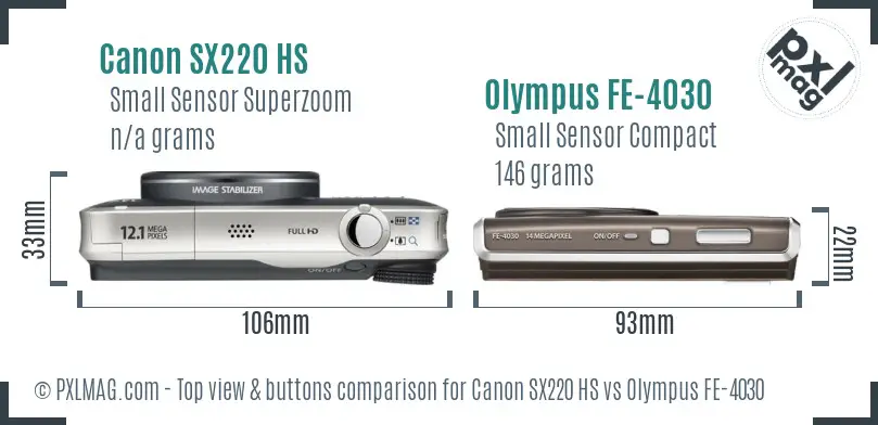 Canon SX220 HS vs Olympus FE-4030 top view buttons comparison