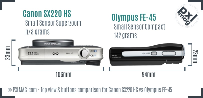 Canon SX220 HS vs Olympus FE-45 top view buttons comparison