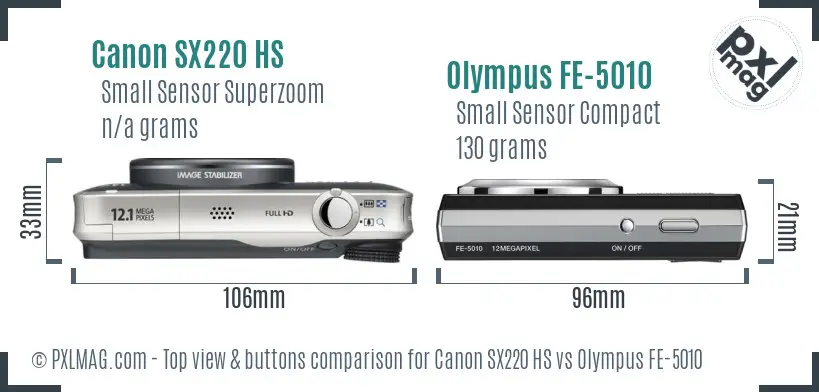 Canon SX220 HS vs Olympus FE-5010 top view buttons comparison Canon SX220 HS vs Olympus FE-5010 top view buttons comparison