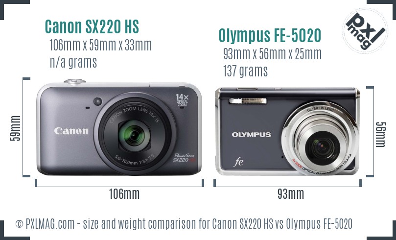 Canon SX220 HS vs Olympus FE-5020 size comparison
