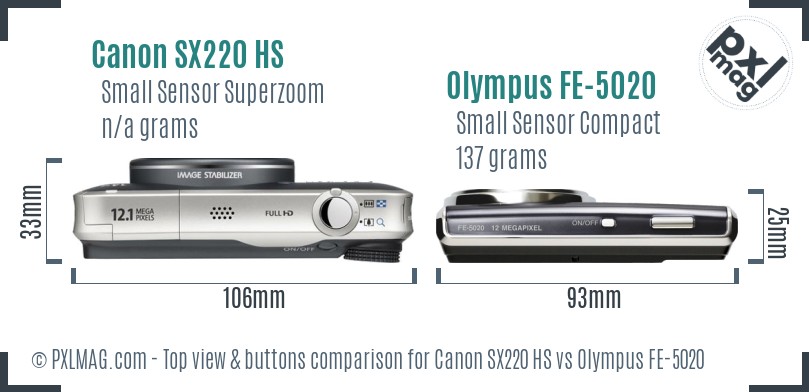 Canon SX220 HS vs Olympus FE-5020 top view buttons comparison