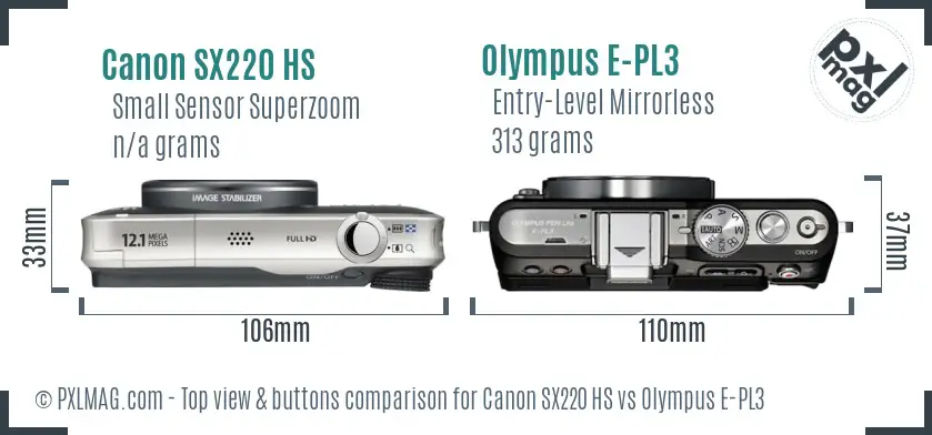 Canon SX220 HS vs Olympus E-PL3 top view buttons comparison
