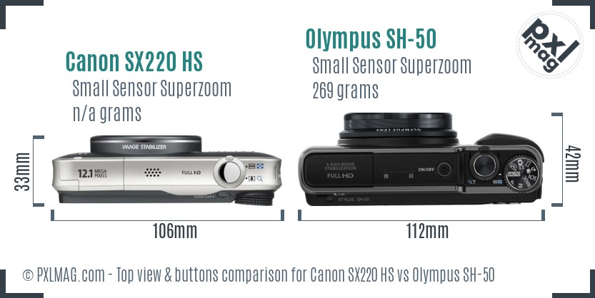 Canon SX220 HS vs Olympus SH-50 top view buttons comparison