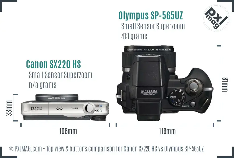 Canon SX220 HS vs Olympus SP-565UZ top view buttons comparison