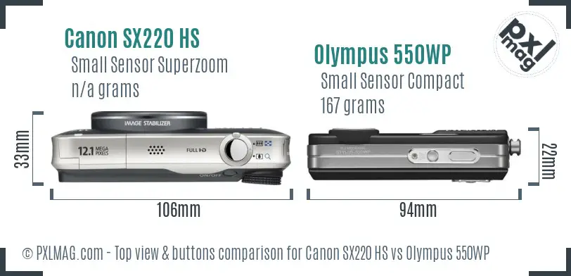Canon SX220 HS vs Olympus 550WP top view buttons comparison Canon SX220 HS vs Olympus 550WP top view buttons comparison